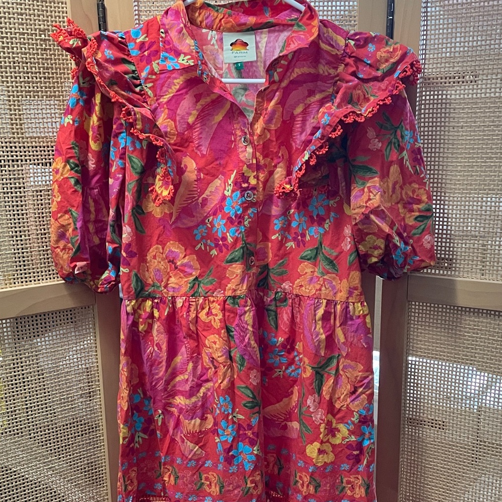 FARM Rio Vibrant Floral Midi Dress EUC short sleeve puffy size small - Picture 1 of 7